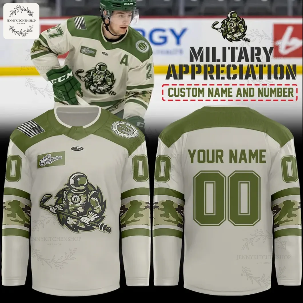 A player wearing the Fort Wayne Komets Military Appreciation jersey, with front and back views showing customization options.