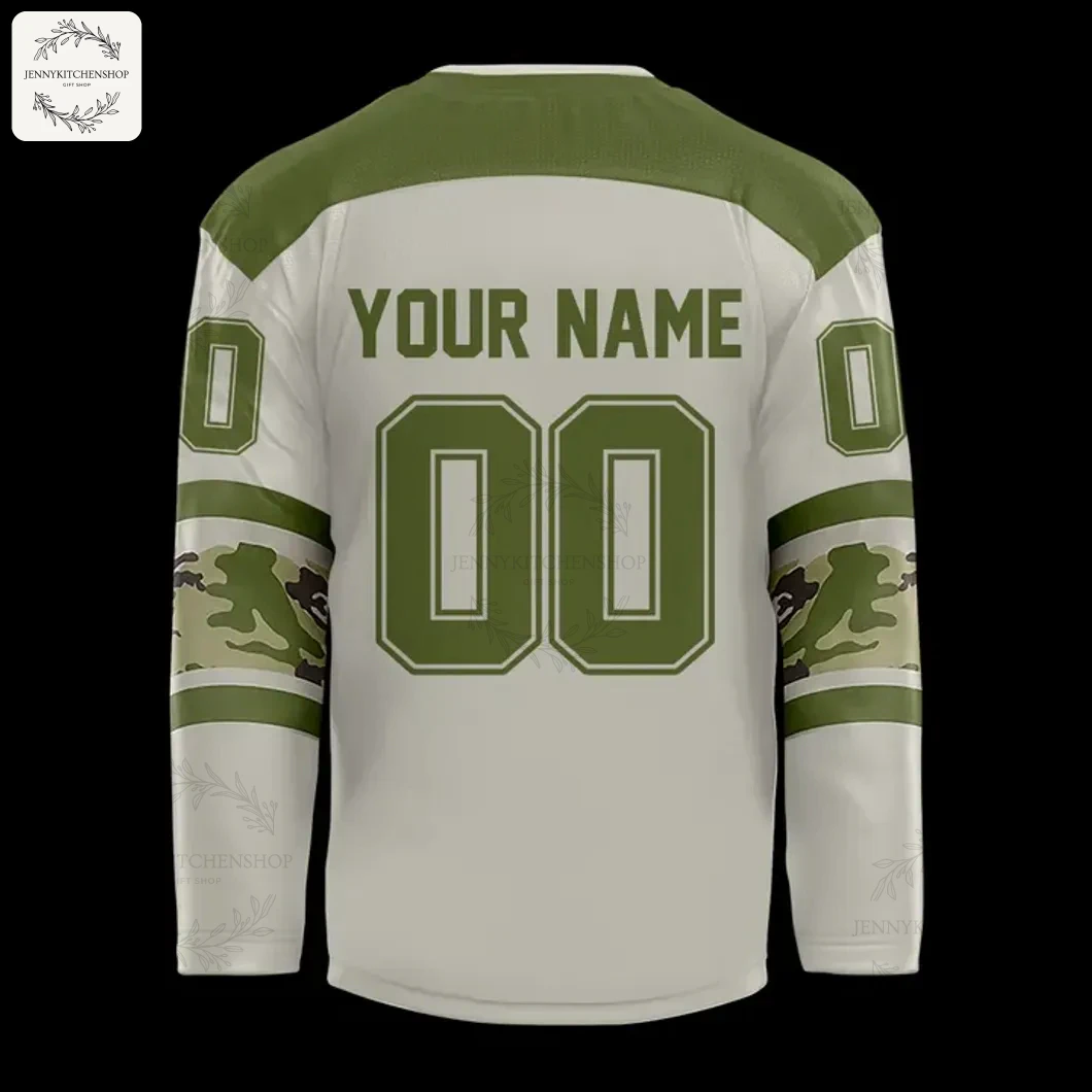 Back View of the Fort Wayne Komets Military Appreciation Jersey Back of the Fort Wayne Komets Military Appreciation jersey displaying the area for a custom name and number in olive green.