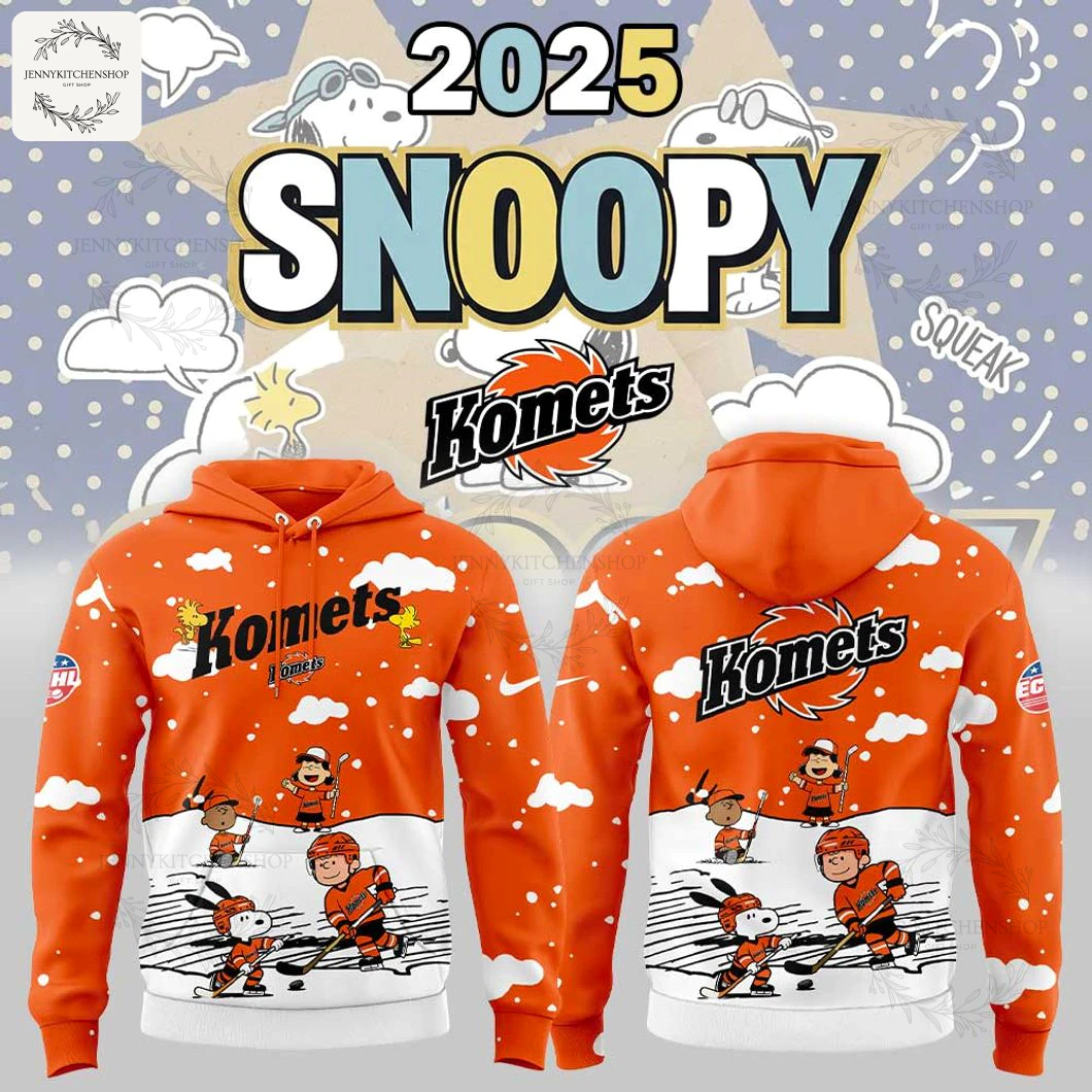 Promo art for the Fort Wayne Komets Snoopy 2025 hoodie, showing front and back views with fun comic graphics in the background.