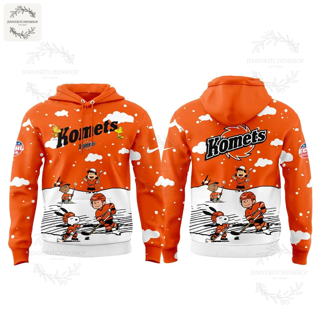 Front and back mockup of the orange and white Fort Wayne Komets Snoopy hoodie featuring Peanuts characters playing hockey.
