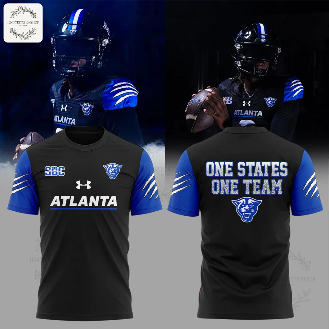 Front and back view of the Georgia State Panthers One States One Team t-shirt with football players modeling the uniform in the background.