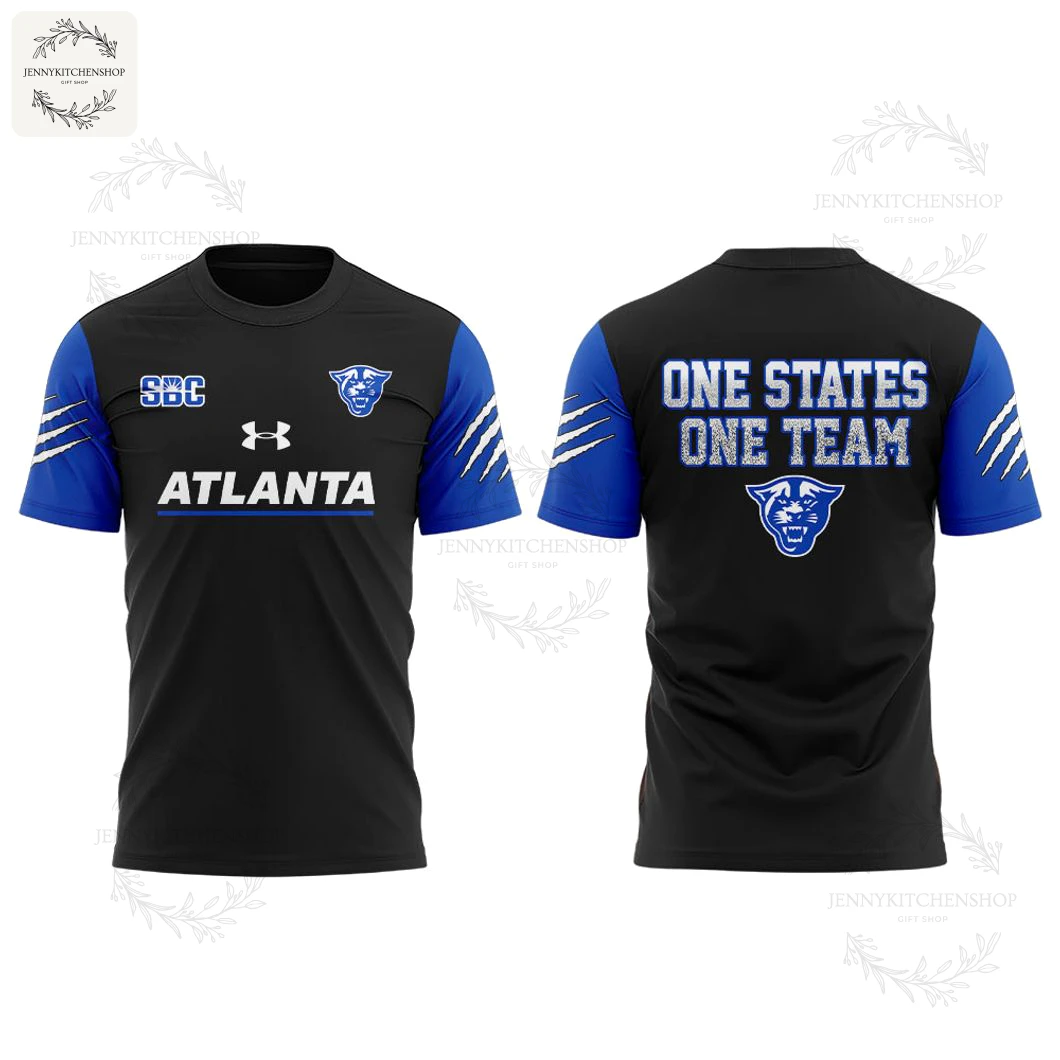 A front and back view mockup of the black and blue Georgia State Panthers One States One Team t-shirt on a clean white background.