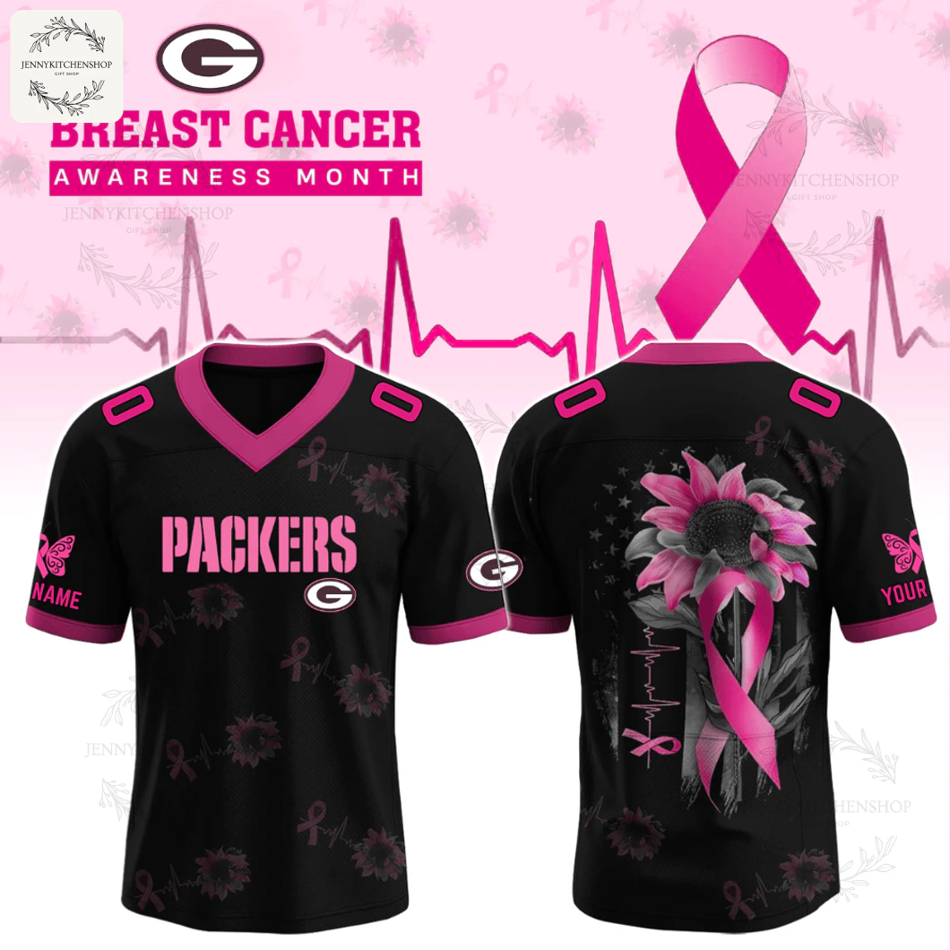 Front and back view of the Green Bay Packers Breast Cancer Awareness football jersey, featuring a black and pink V-neck design.