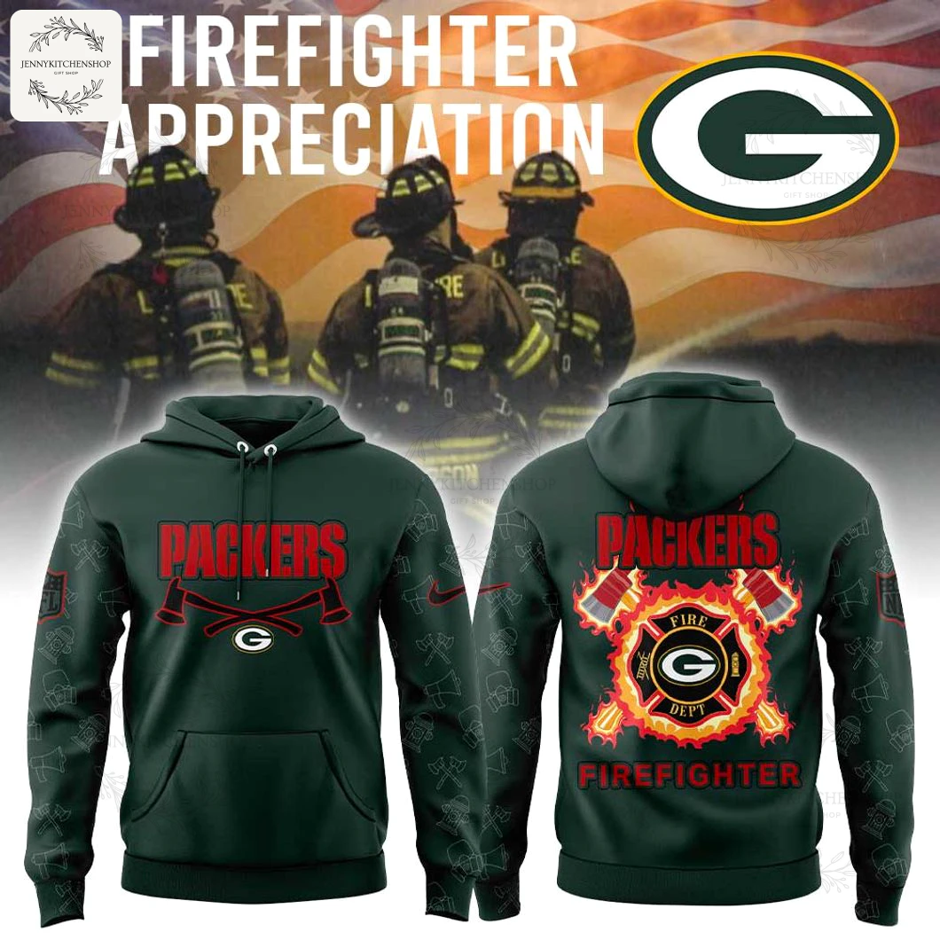 Front and back view of the Green Bay Packers firefighter-themed hoodie with a promotional background featuring firefighters.