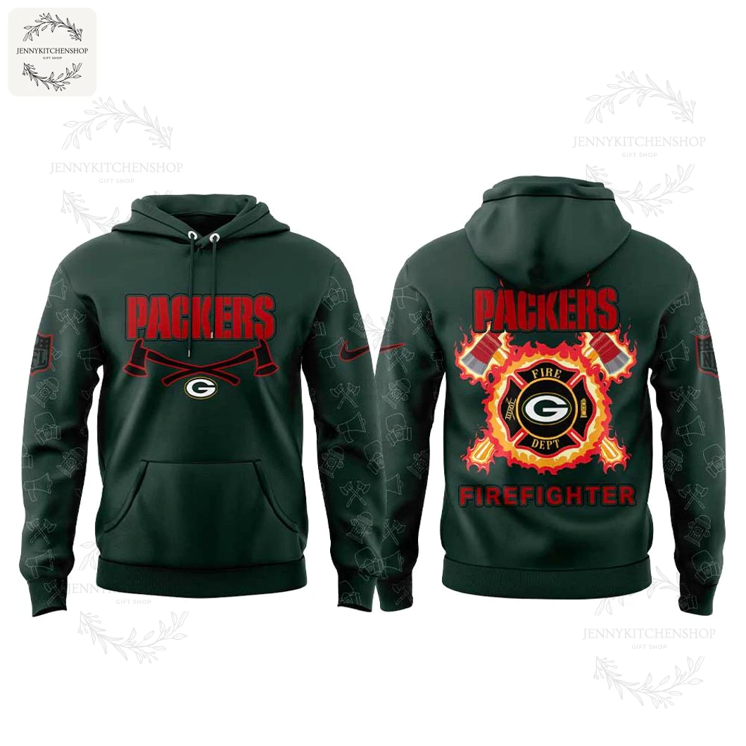 A clear view of the front and back of the Green Bay Packers Firefighter Appreciation hoodie against a plain white background.