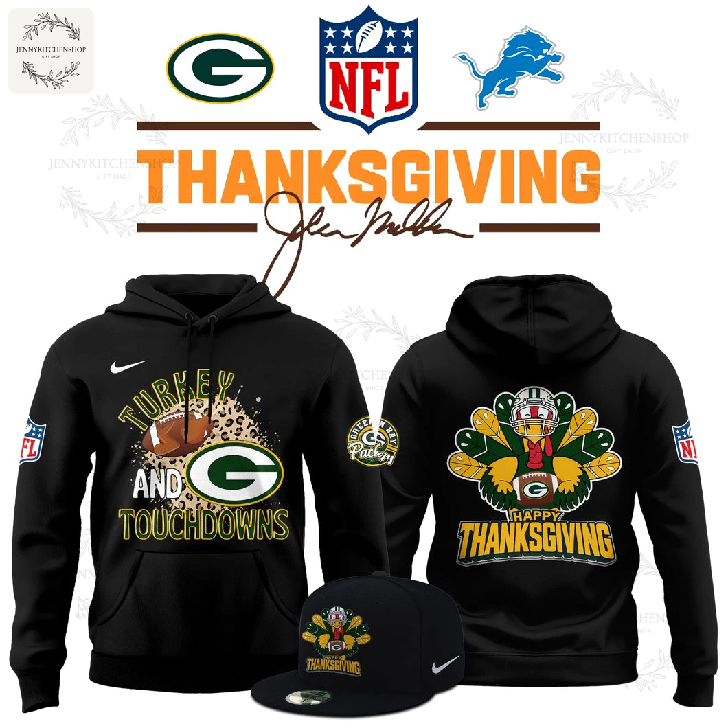 Front and back view of the Green Bay Packers Thanksgiving hoodie with a matching cap, featuring festive turkey and football graphics.