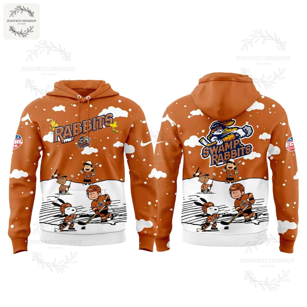 Front and back view of the orange and white Greenville Swamp Rabbits x Snoopy hoodie featuring Peanuts characters playing ice hockey.