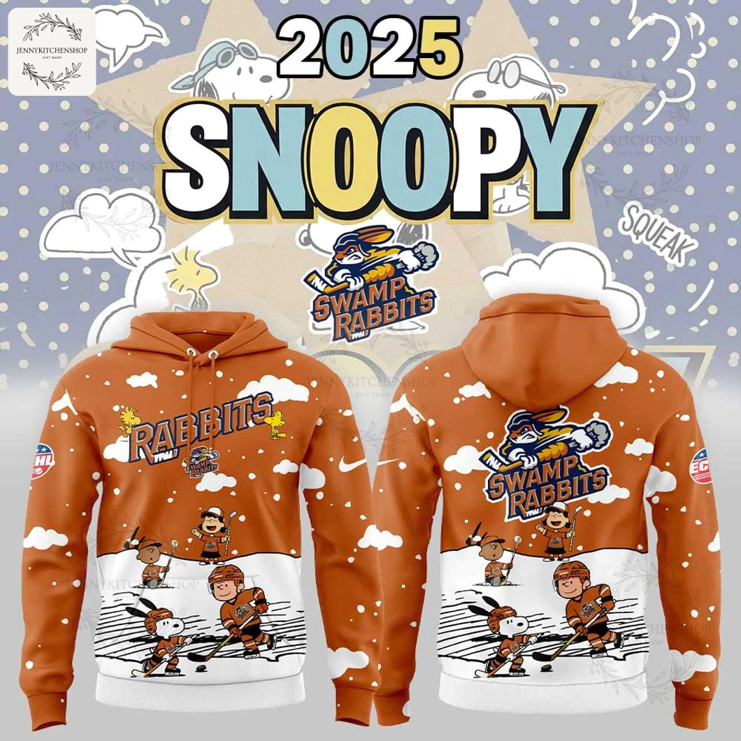 Promo image showing front and back of the orange Greenville Swamp Rabbits x Snoopy 2025 hoodie with Peanuts characters playing hockey.