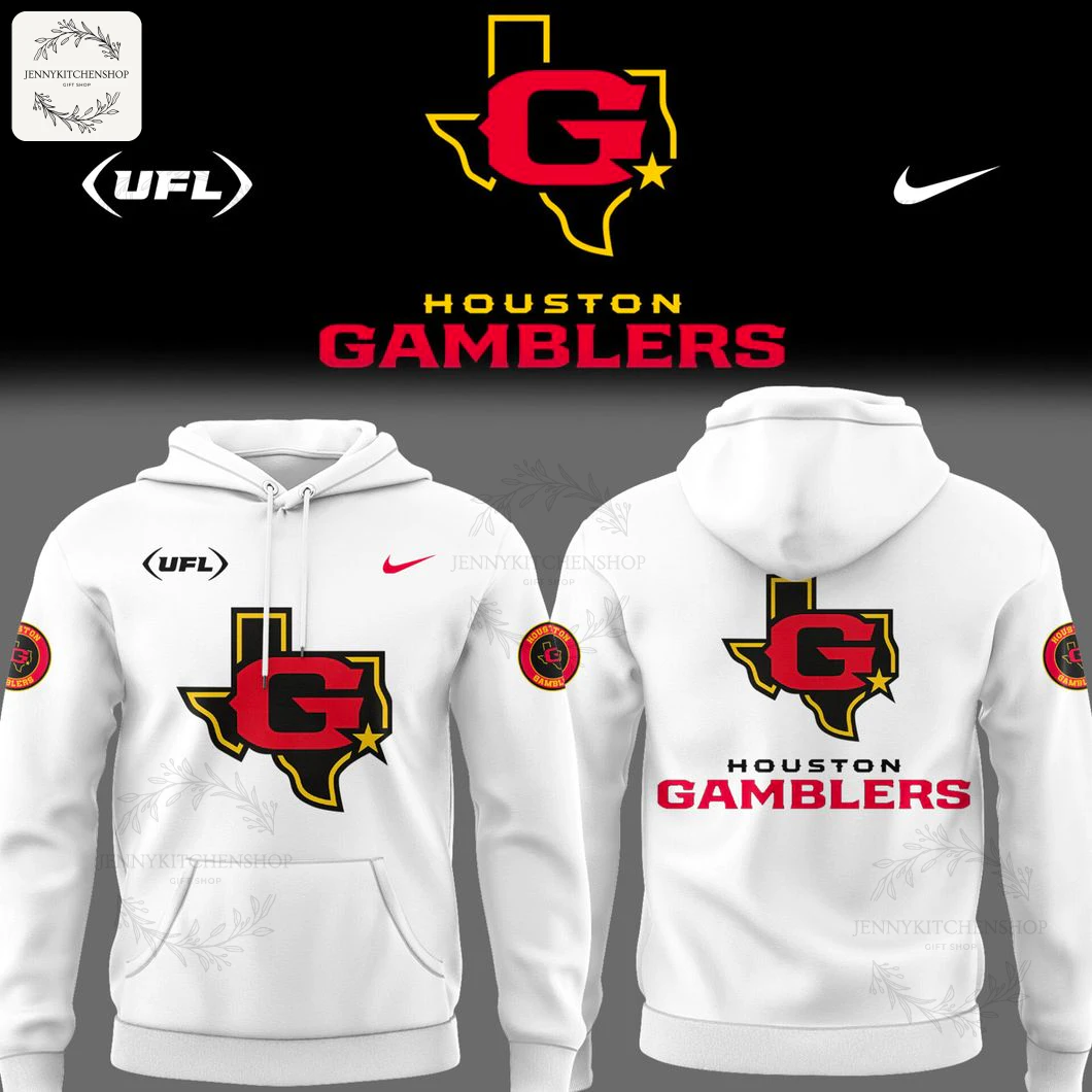 A mockup showing the front and back of the Houston Gamblers white hoodie with the team logo on the chest and back.