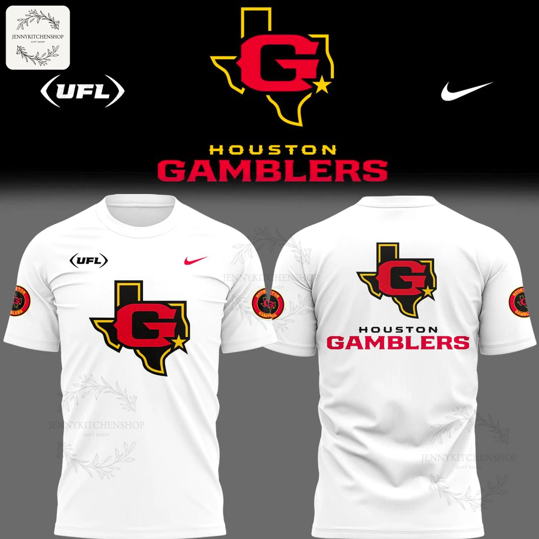 A mockup showing the front and back of the Houston Gamblers white t-shirt with the team logo on the chest and back.