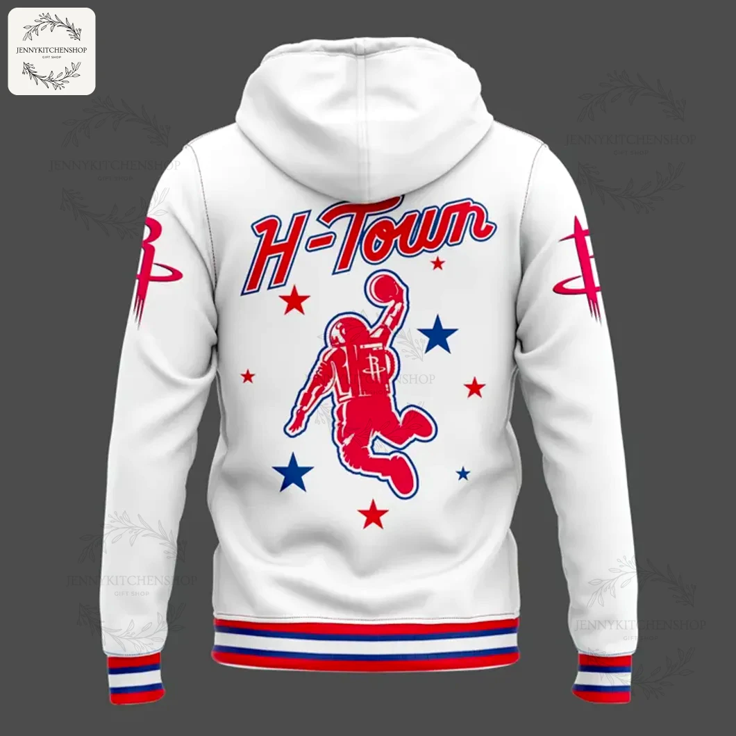 Back View of the Houston Rockets 2025-2026 H-Town Limited Hoodie Back view of the white Houston Rockets hoodie, featuring red "H-Town" script above a dunking astronaut graphic with red and blue stars.