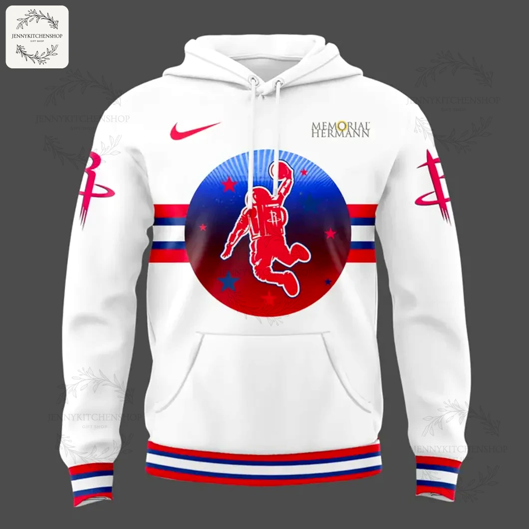 Front view of the white Houston Rockets H-Town hoodie, showing the central astronaut graphic, red Nike logo, and Rockets logo on sleeve.