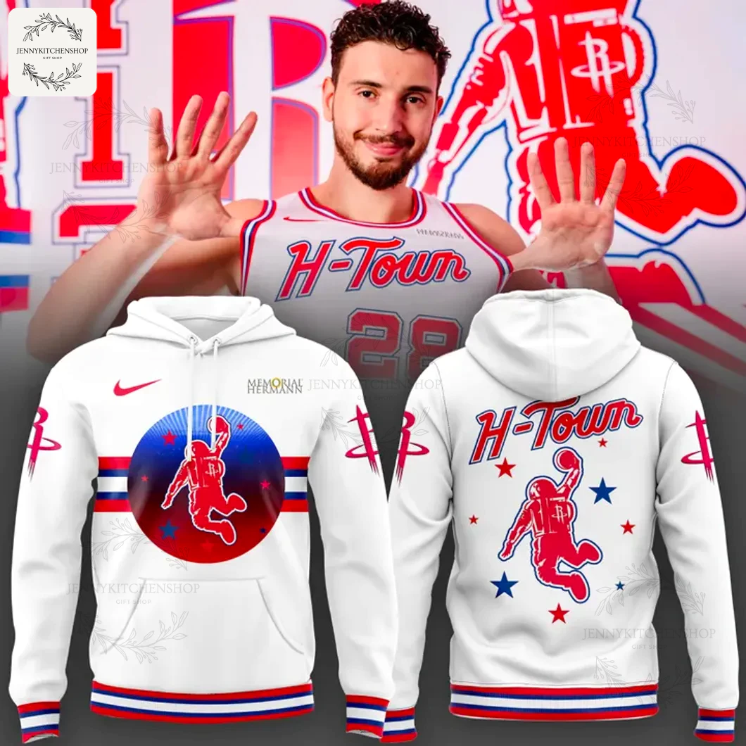 Front and back view of the white Houston Rockets H-Town hoodie, featuring a red dunking astronaut graphic and a player in the background.