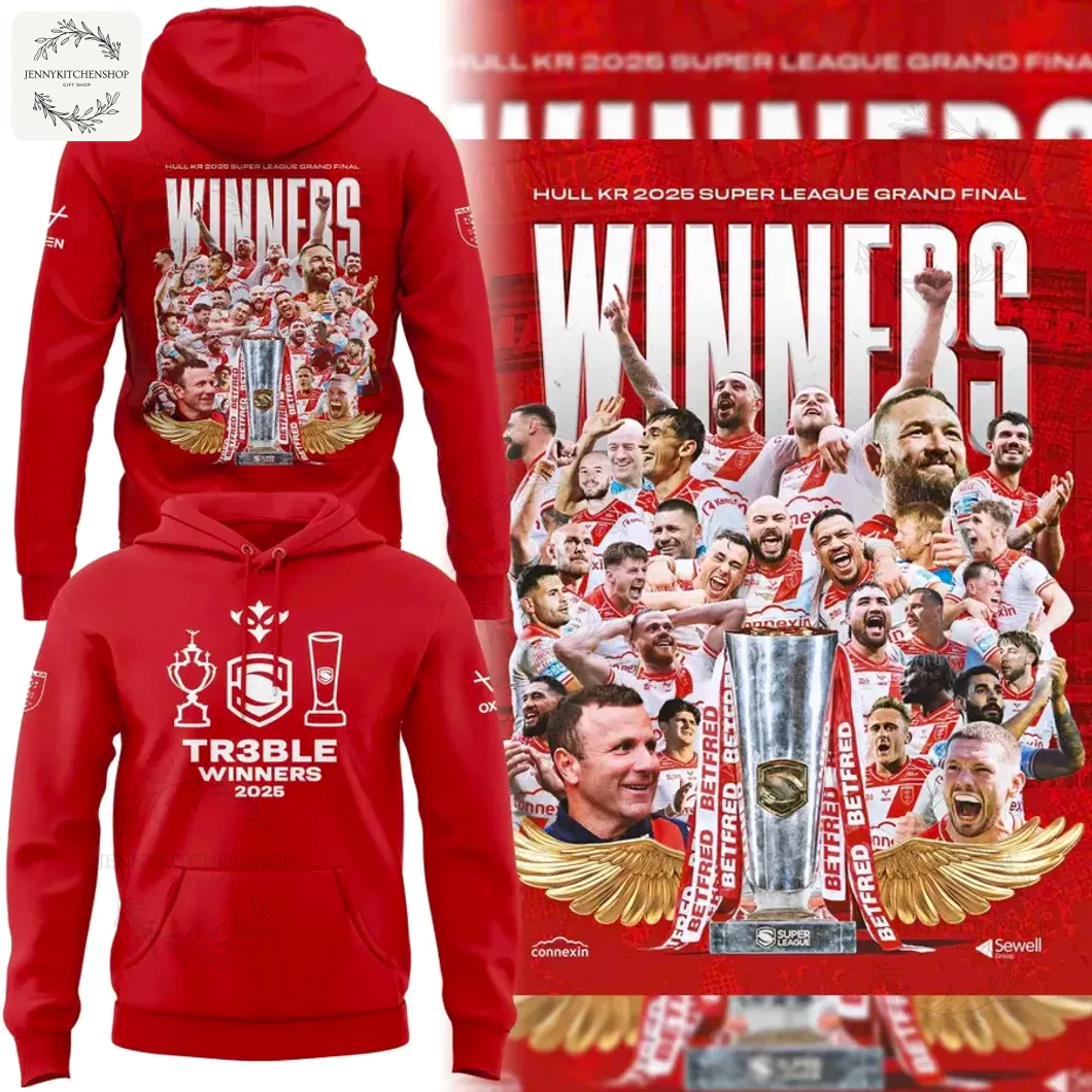 Red Hull Kingston Rovers hoodie, front view with white print featuring TR3BLE WINNERS 2025 on the chest.
