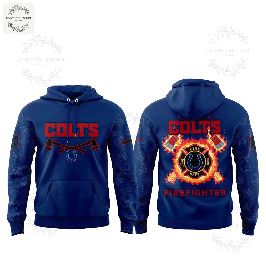Front and back view of the Indianapolis Colts Firefighter Appreciation hoodie on a clean white background showing all design details.