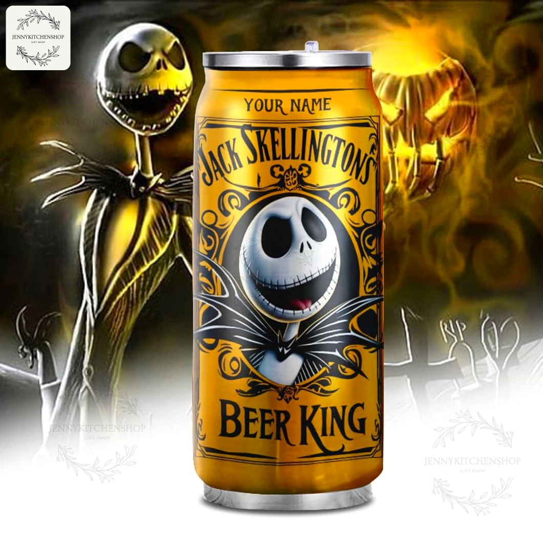 Gold can tumbler with "Jack Skellington" artwork and "Beer King" label, showing a customizable "Your Name" area, staged against a dramatic Halloween backdrop with stylized pumpkins and swirling shadows.