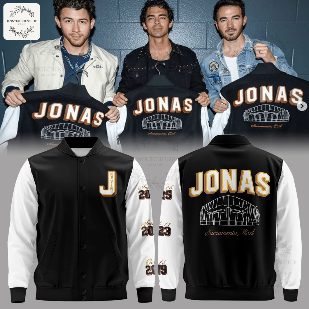 The Jonas Brothers holding the back of their custom Sacramento baseball jacket, shown above a detailed product mockup.