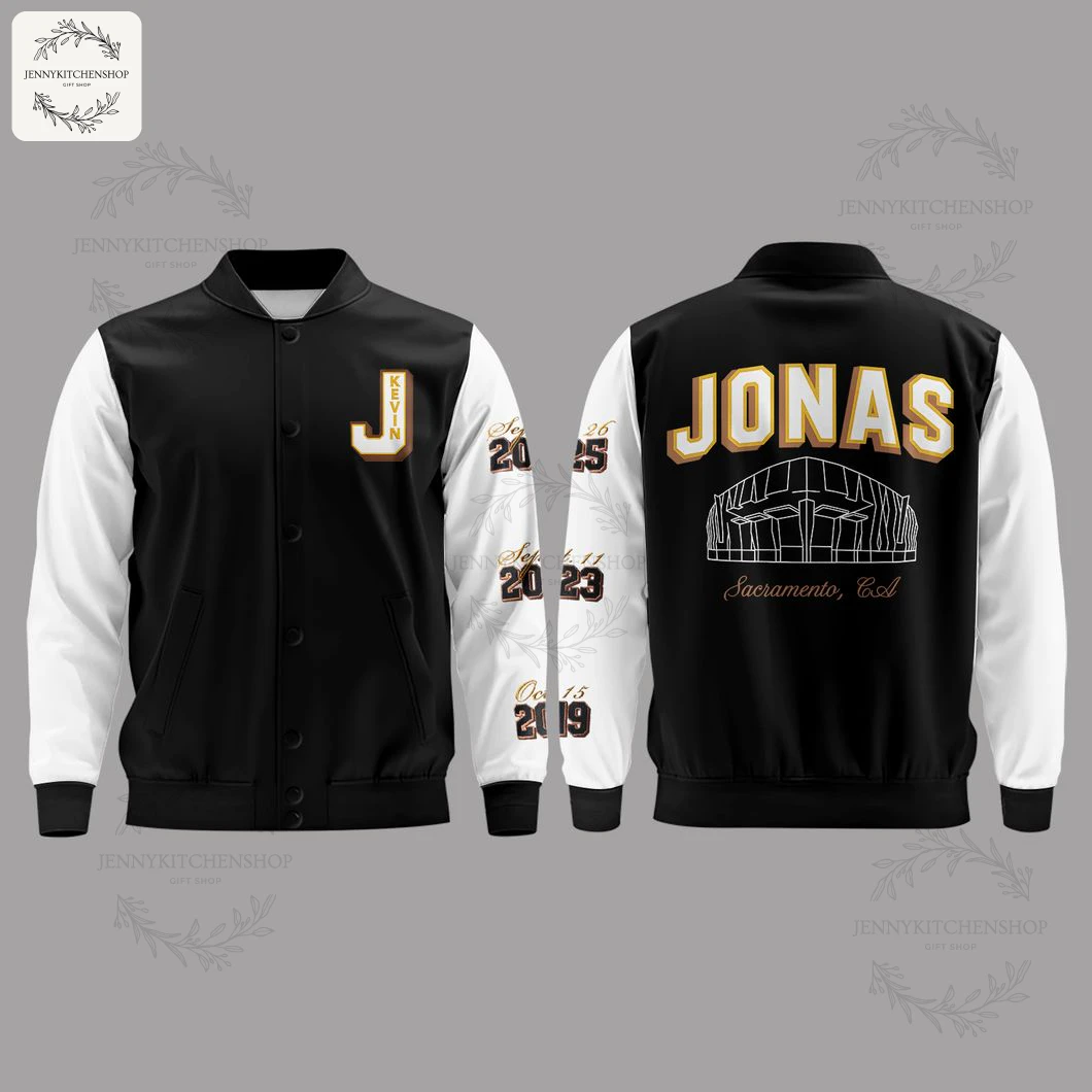 A detailed mockup of the Jonas Brothers Sacramento baseball jacket showing the front, back, and tour dates on the white sleeves.