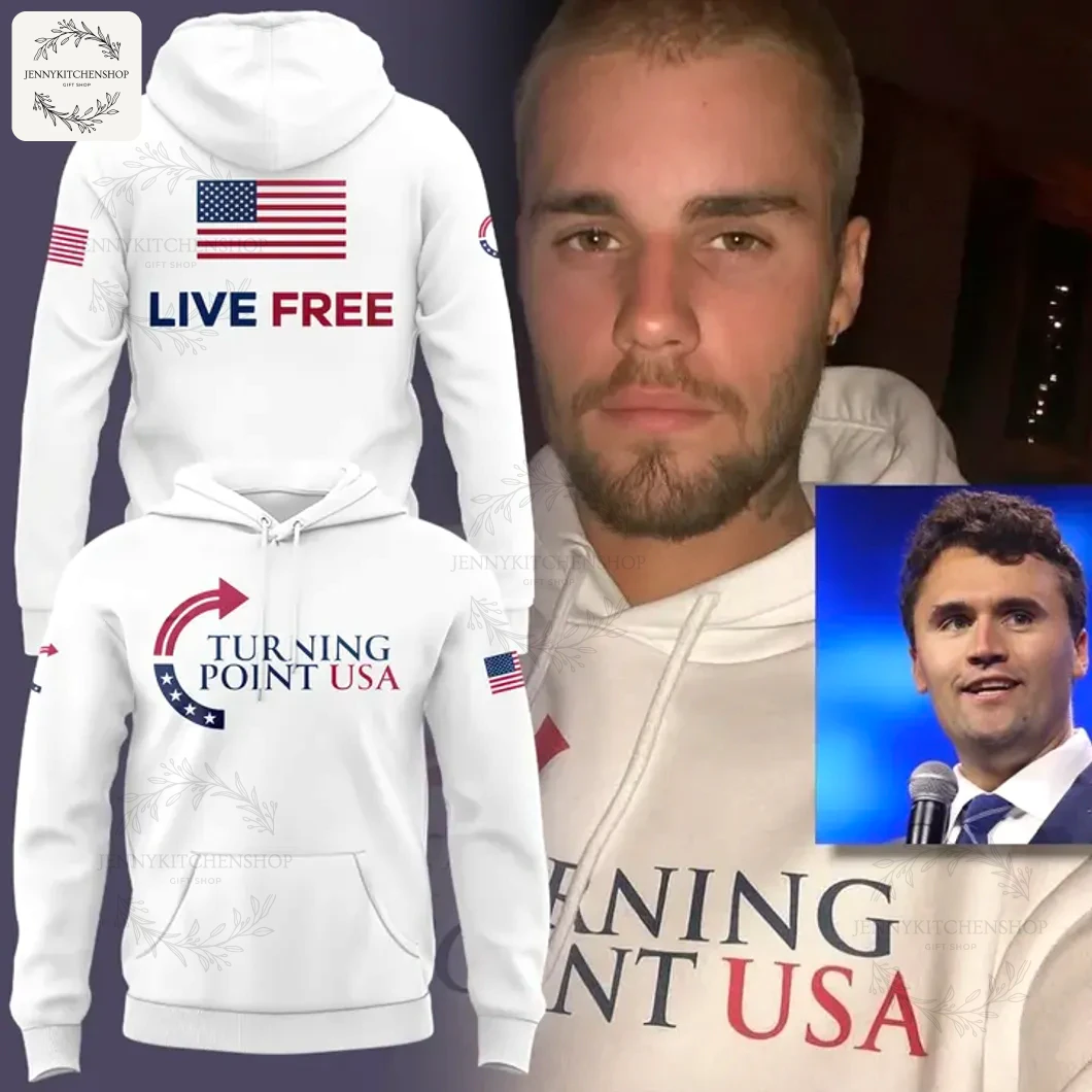 Promotional image showing Justin Bieber wearing the white Turning Point USA hoodie, alongside front and back product views.