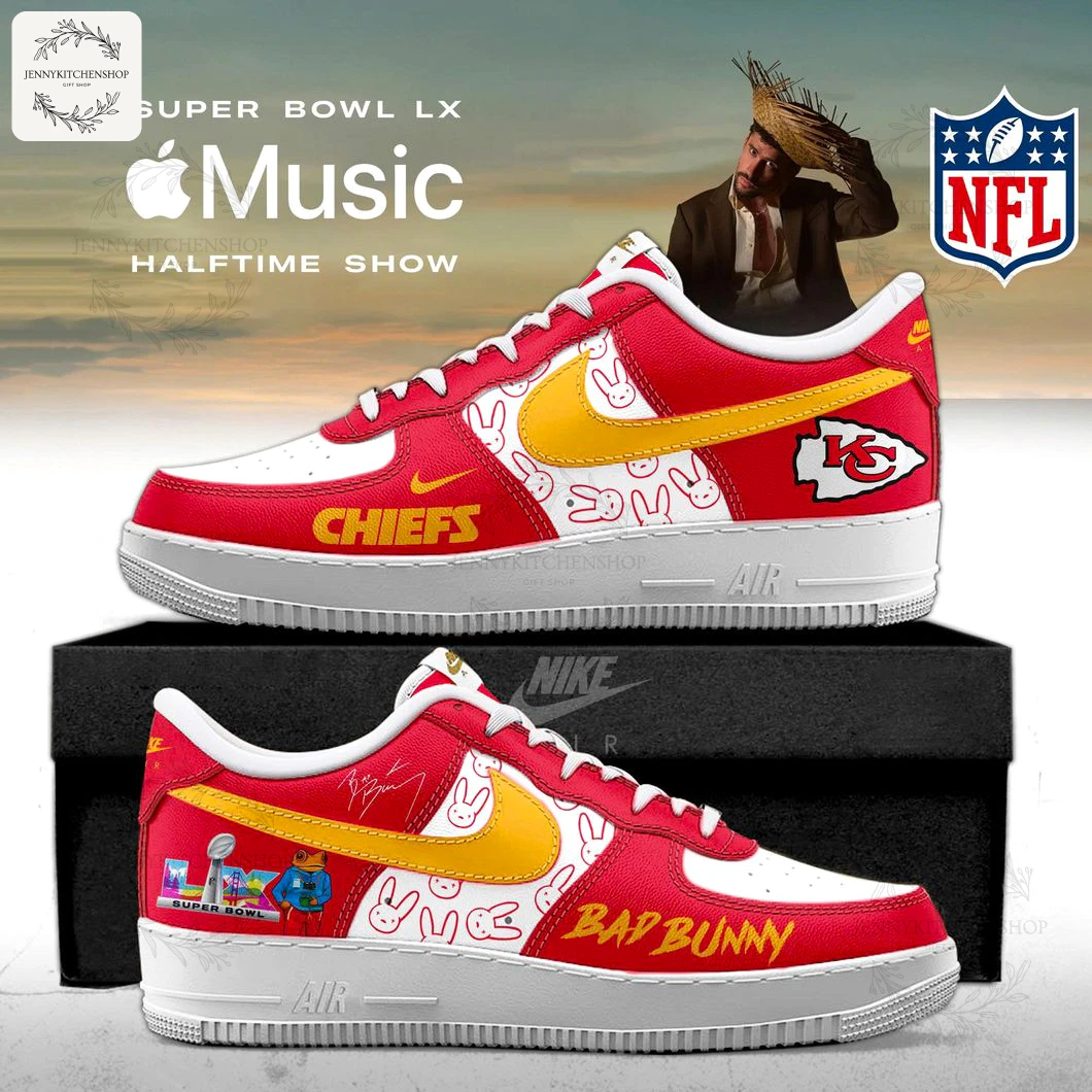 A pair of custom Nike Air Force 1s for the Kansas City Chiefs and Bad Bunny, featuring team colors, logos, and Bad Bunny graphics.