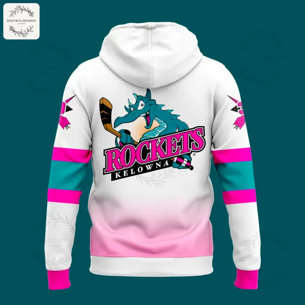 Back View of the Kelowna Rockets Canadian Cancer Night Hoodie Back of the white Kelowna Rockets hoodie showing the classic Ogopogo mascot logo and the pink and teal sleeve bands.
