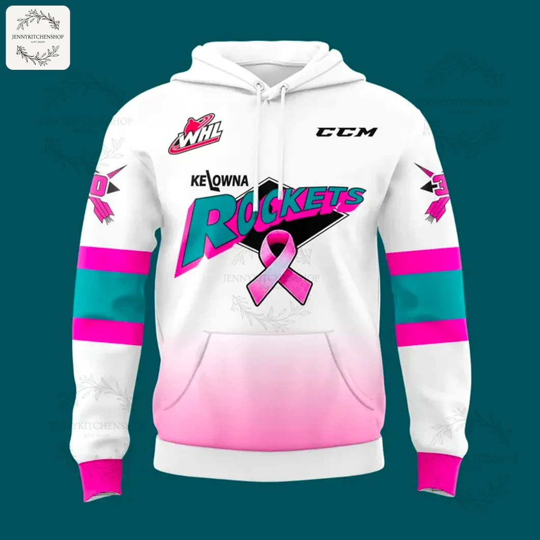 Front of the white Kelowna Rockets hoodie featuring the team logo with a pink cancer ribbon, pink and teal sleeve accents.