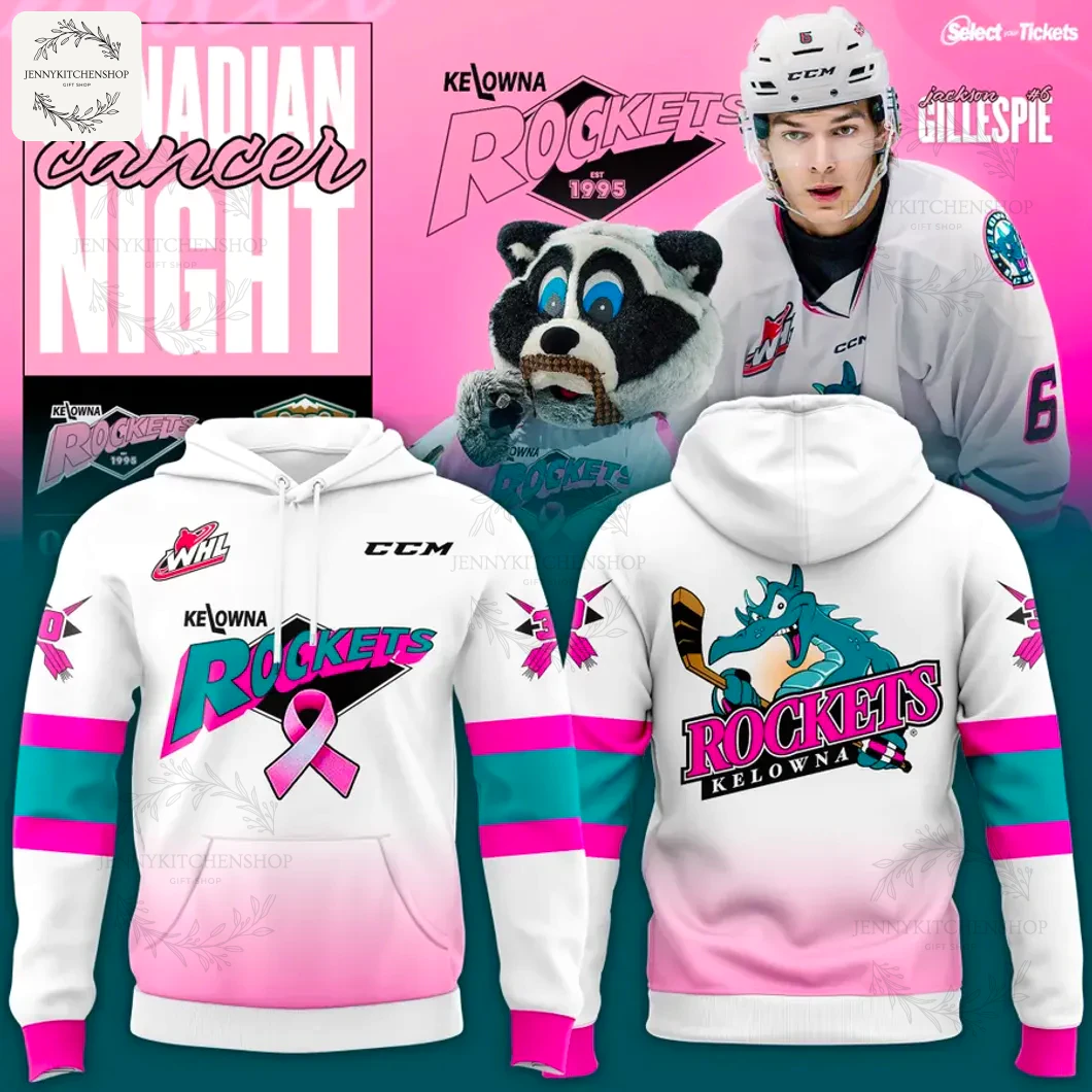 Promo image showing the front and back of the Kelowna Rockets Canadian Cancer Night hoodie with a player and team mascot.
