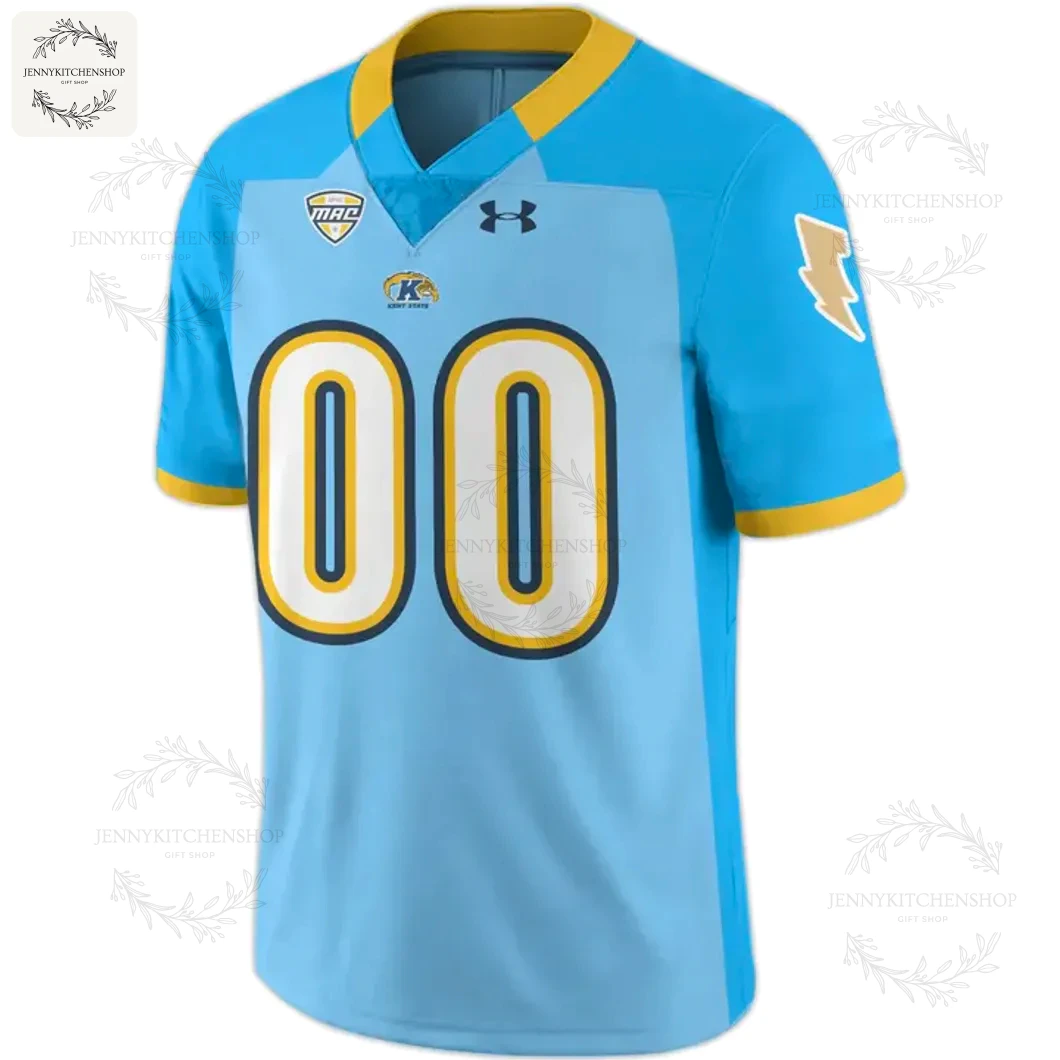 Front angle view of the light blue Kent State 2025 football jersey, showing the number 00, MAC and Kent State logos.