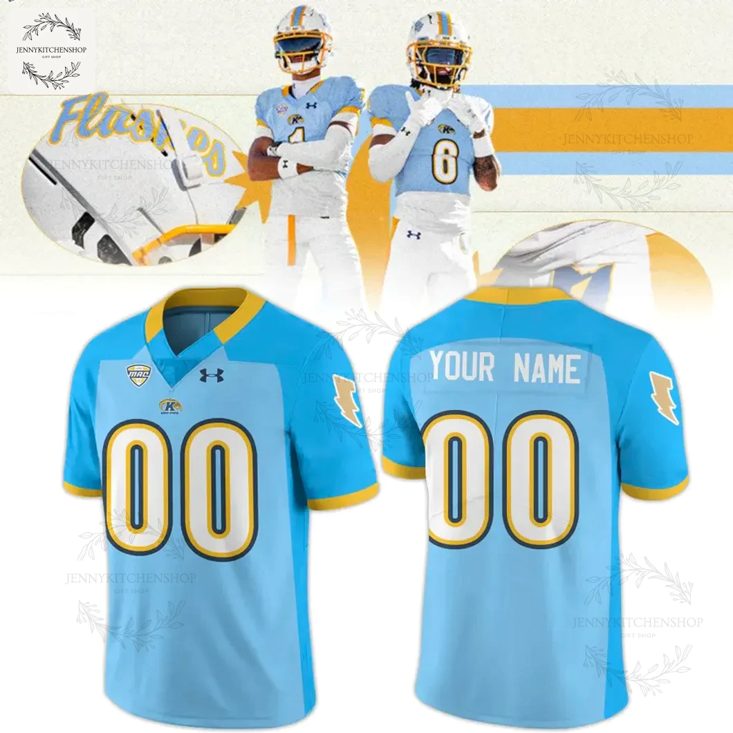 New Kent State Golden Flashes 2025 football jersey in light blue. Image shows front and back of the jersey and players in uniform.