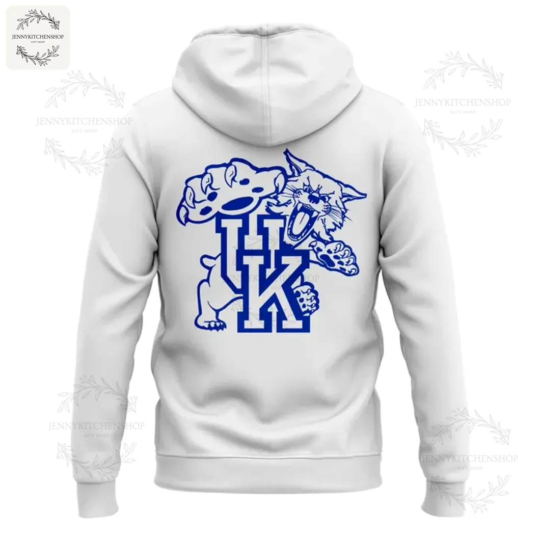 Back Graphic on the Kentucky Wildcats Coach Mark Pope Hoodie Back of the white Kentucky Wildcats zip hoodie featuring a blue graphic of a wildcat and bulldog over the UK logo.