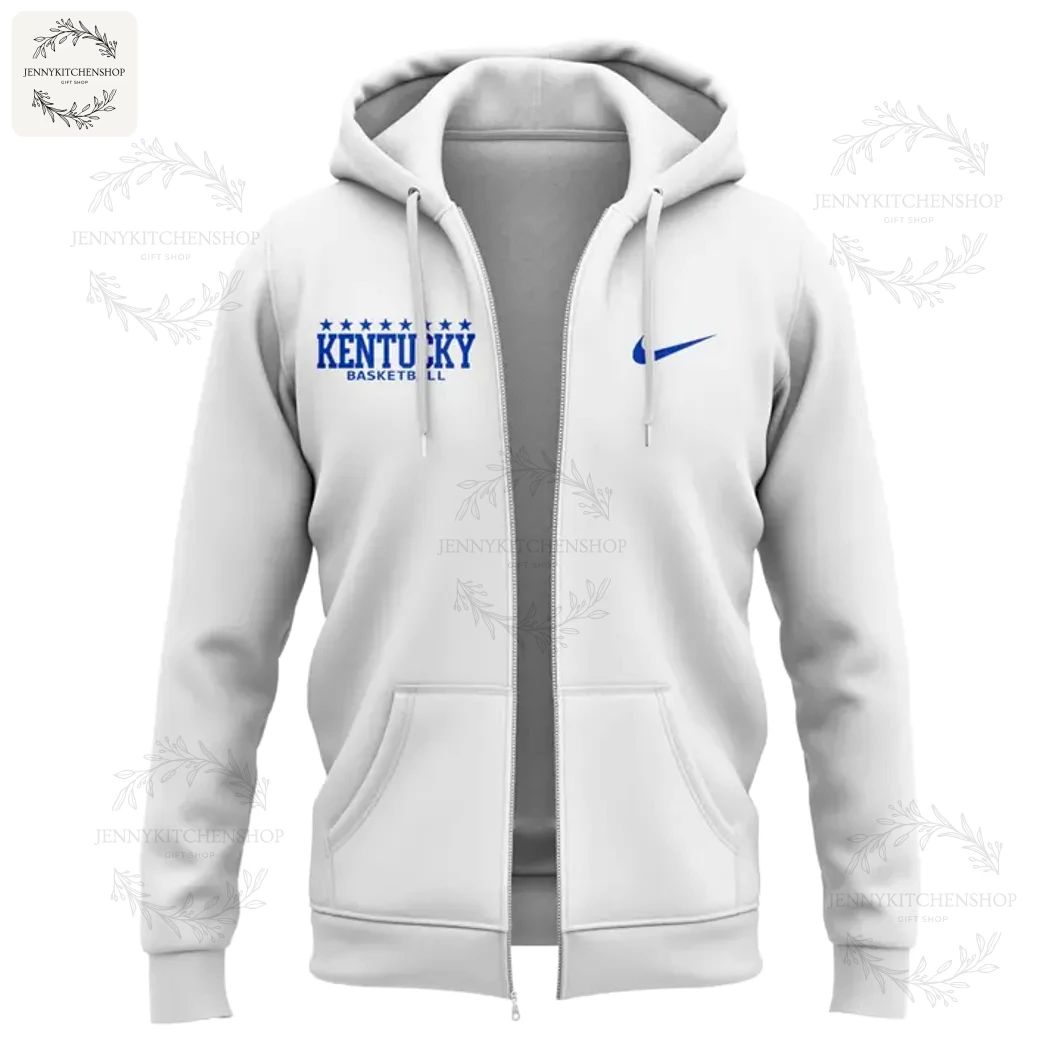 Front of the white Kentucky Wildcats zip hoodie with "KENTUCKY BASKETBALL" and a Nike swoosh logo on the chest.