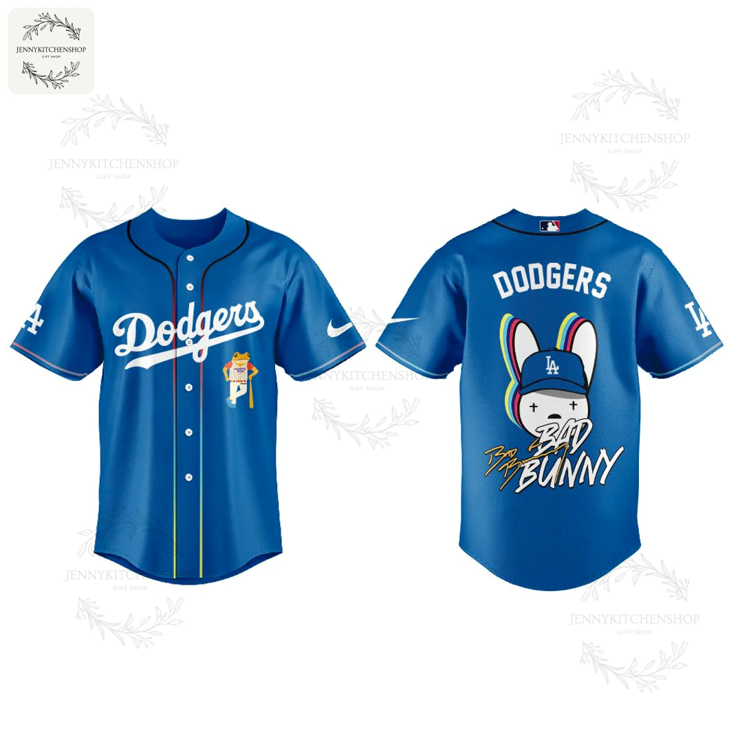 A front and back view of the blue LA Dodgers x Bad Bunny 2025 limited edition baseball jersey.
