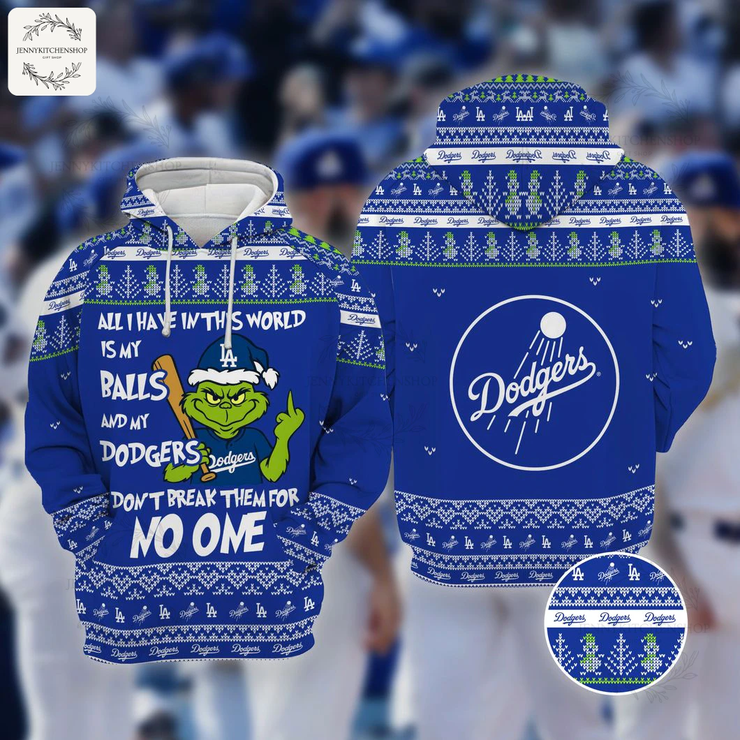 Front and back view of the LA Dodgers Grinch Christmas hoodie with a funny quote and 3D ugly sweater pattern.