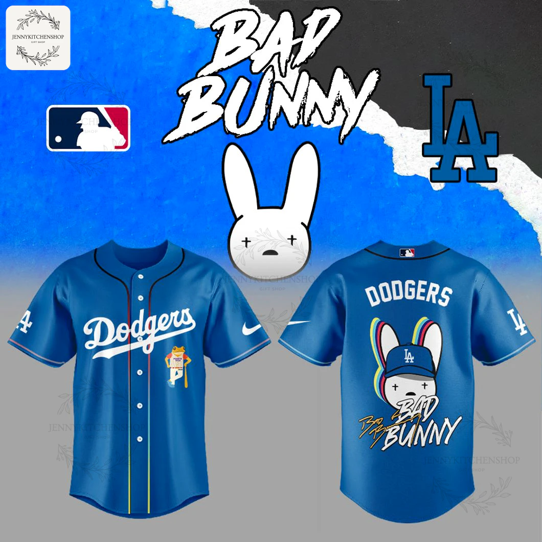 Front and back view of the LA Dodgers x Bad Bunny 2025 jersey on a promotional graphic with logos.