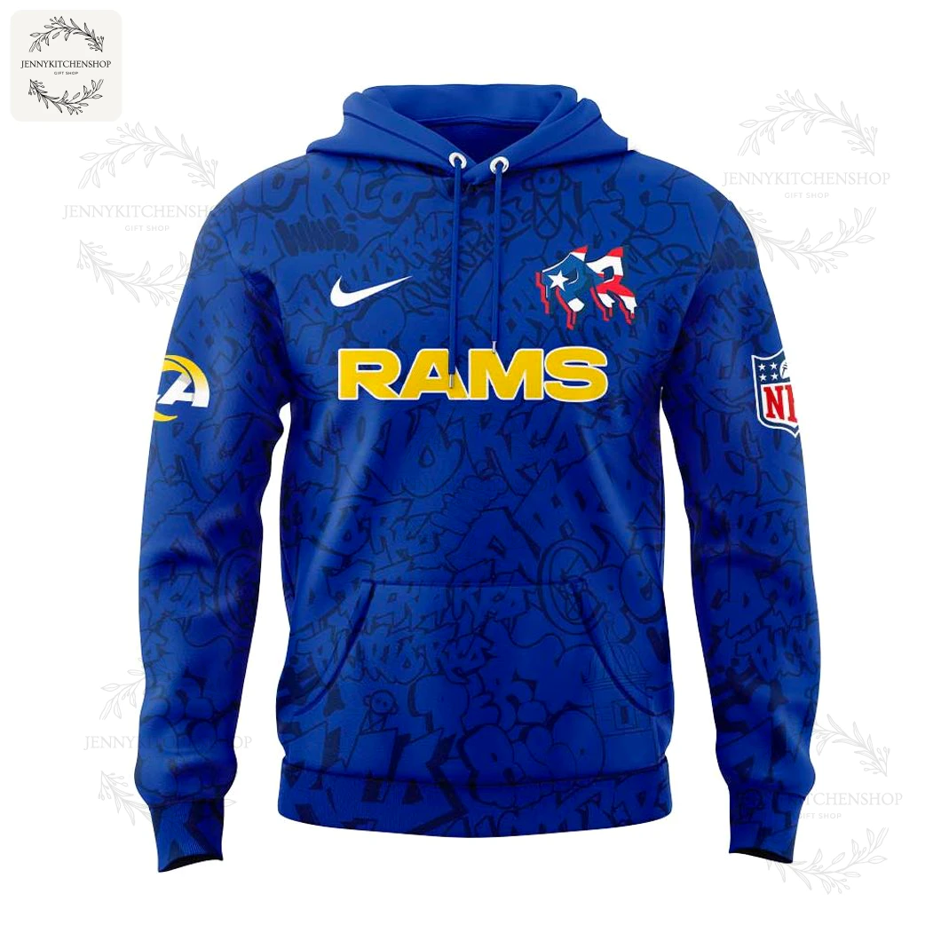 Front of the LA Rams Puerto Rico Heritage hoodie in blue with yellow RAMS text and a special Puerto Rican flag-themed logo.