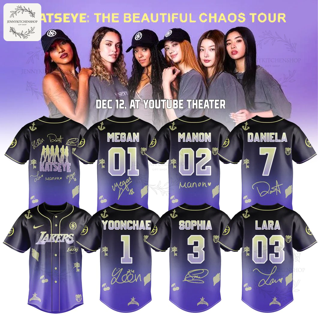 Full collection of the Lakers x Katseye baseball jerseys for The Beautiful Chaos Tour, showing front and back member designs.