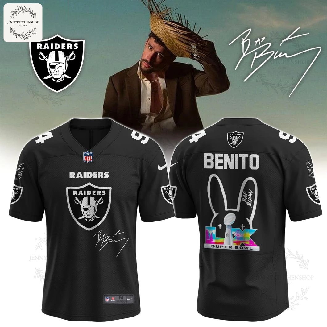 Front and back view of the black Las Vegas Raiders x Bad Bunny football jersey with custom Super Bowl graphics and 'BENITO' on back.