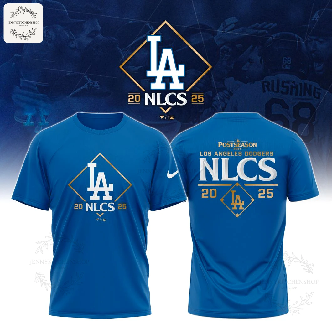 Front and back view of the royal blue Los Angeles Dodgers 2025 NLCS T-Shirt with gold and white postseason graphics.