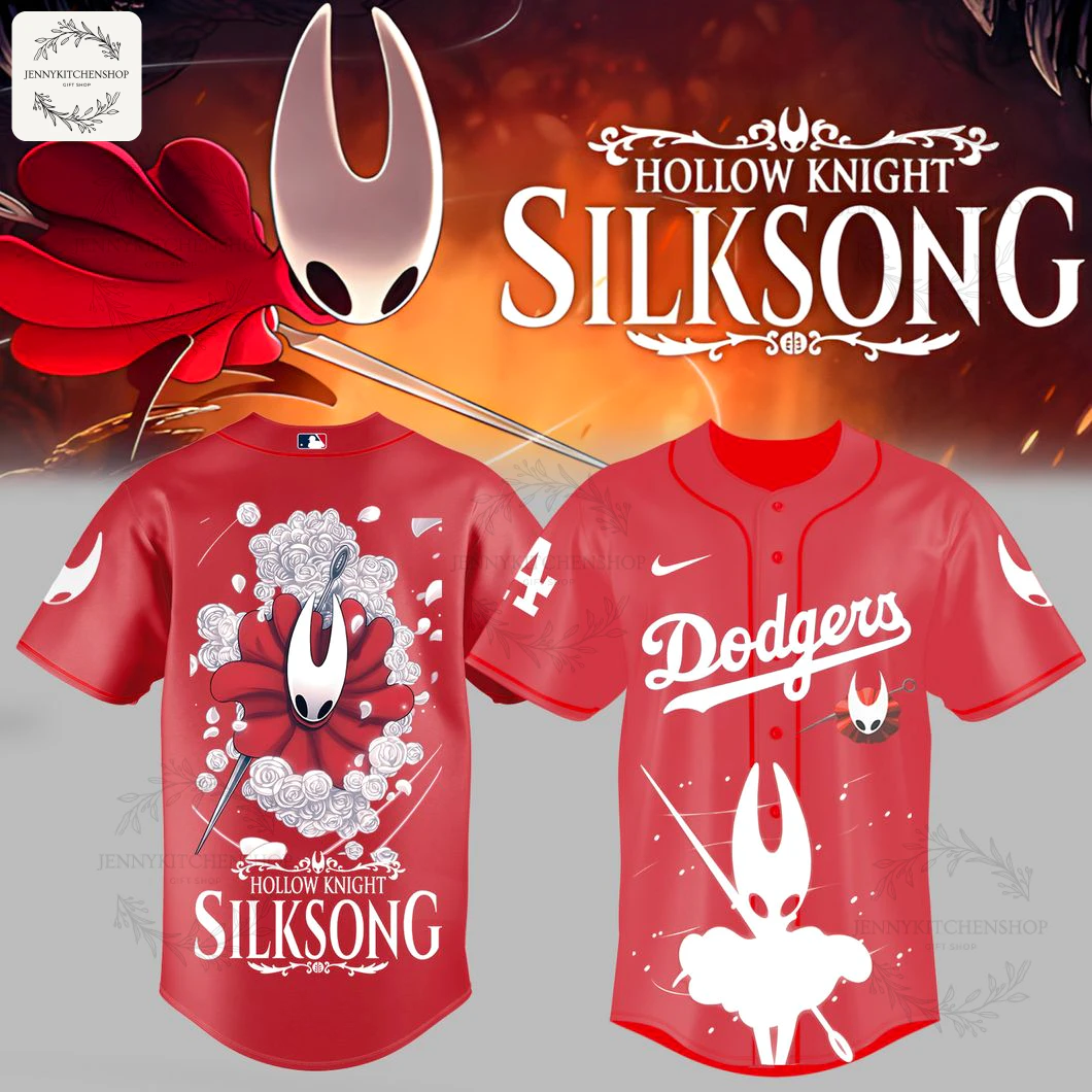 Front and back of a red Los Angeles Dodgers baseball jersey with custom Hollow Knight: Silksong graphics featuring the character Hornet.