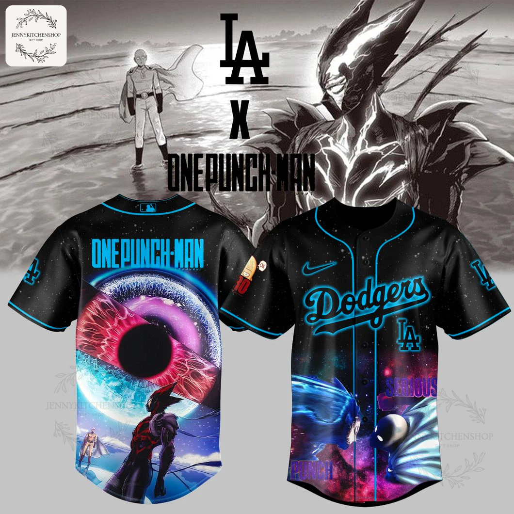 Front and back view of the black Los Angeles Dodgers x One Punch Man jersey featuring anime graphics of Saitama and Garou.