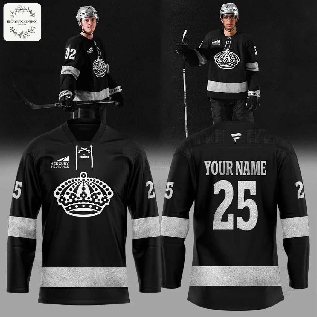 Composite image showing players wearing the Los Angeles Kings Our Crown 2025 jersey and detailed front and back product views.