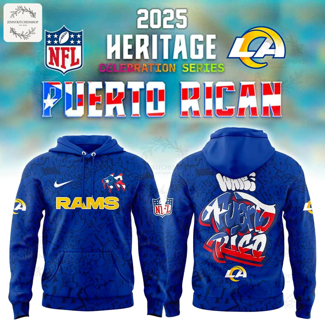 Promotional image showing the front and back of the Los Angeles Rams Puerto Rico Heritage 2025 Limited Hoodie.
