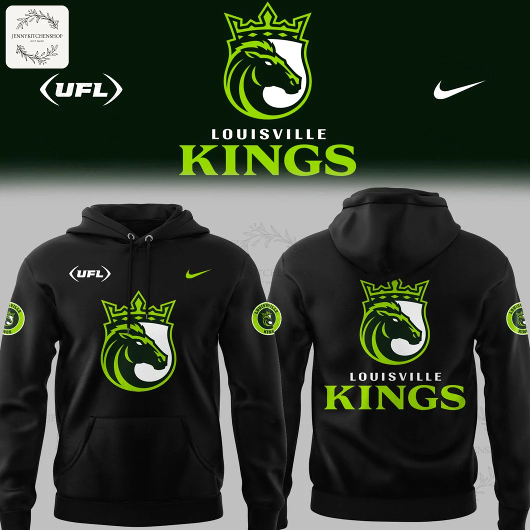 Front and back view of the black Louisville Kings football hoodie featuring the green and white team logo on the chest and back.