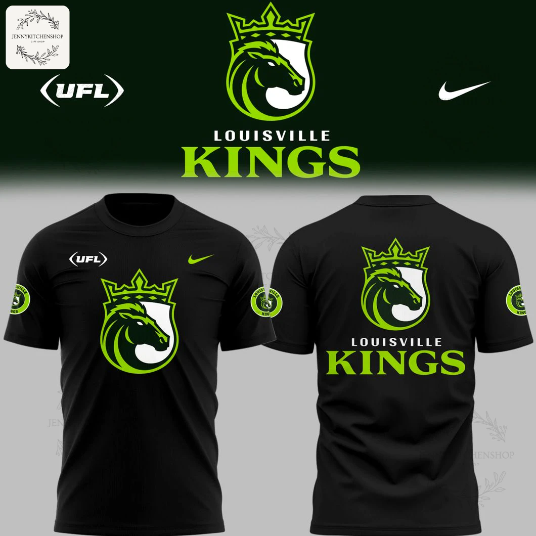 A black t-shirt showing the front and back with the Louisville Kings football team logo in bright green, black, and white.