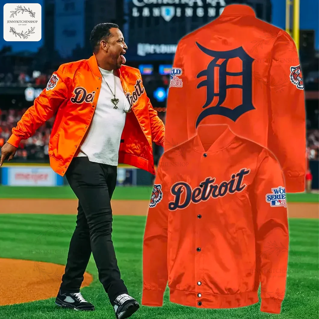 Man on a baseball field wearing the orange Detroit Tigers jacket, shown next to front and back product images of the jacket.