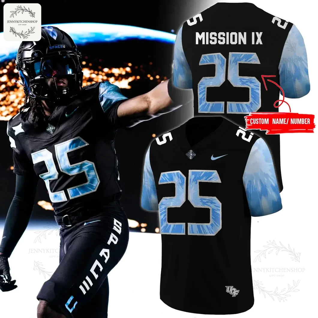 A player in the UCF Knights 2025 Space Game uniform, alongside detailed front and back views of the black jersey.