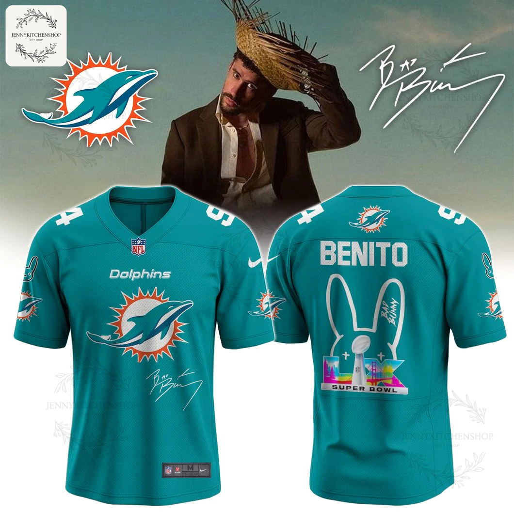 Front view of teal Miami Dolphins x Bad Bunny Super Bowl football jersey featuring large Dolphins logo on chest, "Dolphins" wordmark, NFL collar badge, white shoulder numbers and Bad Bunny signature.