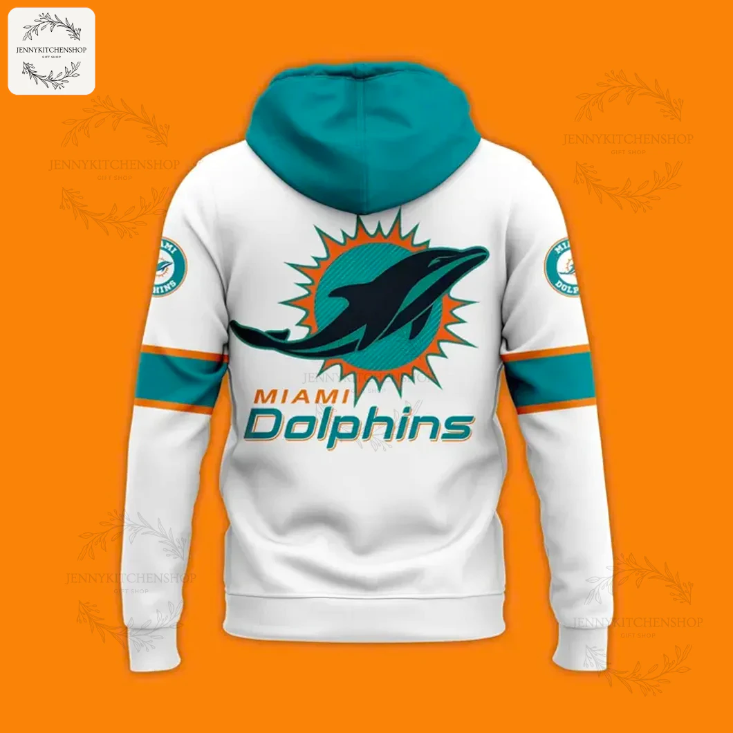 Back View of the Miami Dolphins Rivalries Hoodie The back of the white Miami Dolphins hoodie featuring a large team logo and "Miami Dolphins" text across the back.