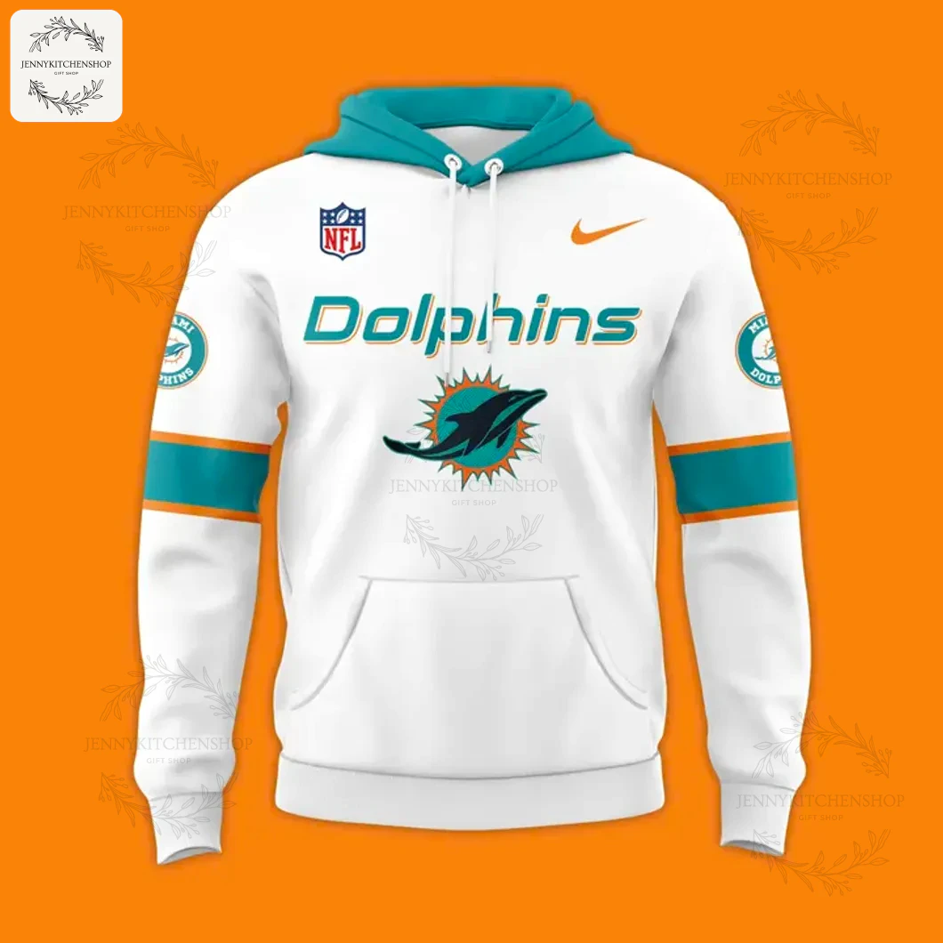 A front-on view of the white Miami Dolphins hoodie showing the team logo, "Dolphins" wordmark, and teal hood.