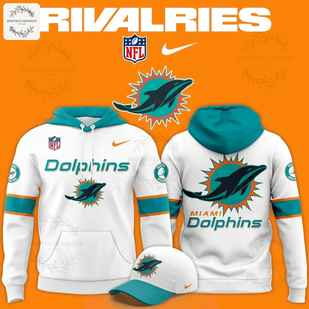Front and back view of the Miami Dolphins Rivalries Uniforms Hoodie with a matching white, teal, and orange cap.
